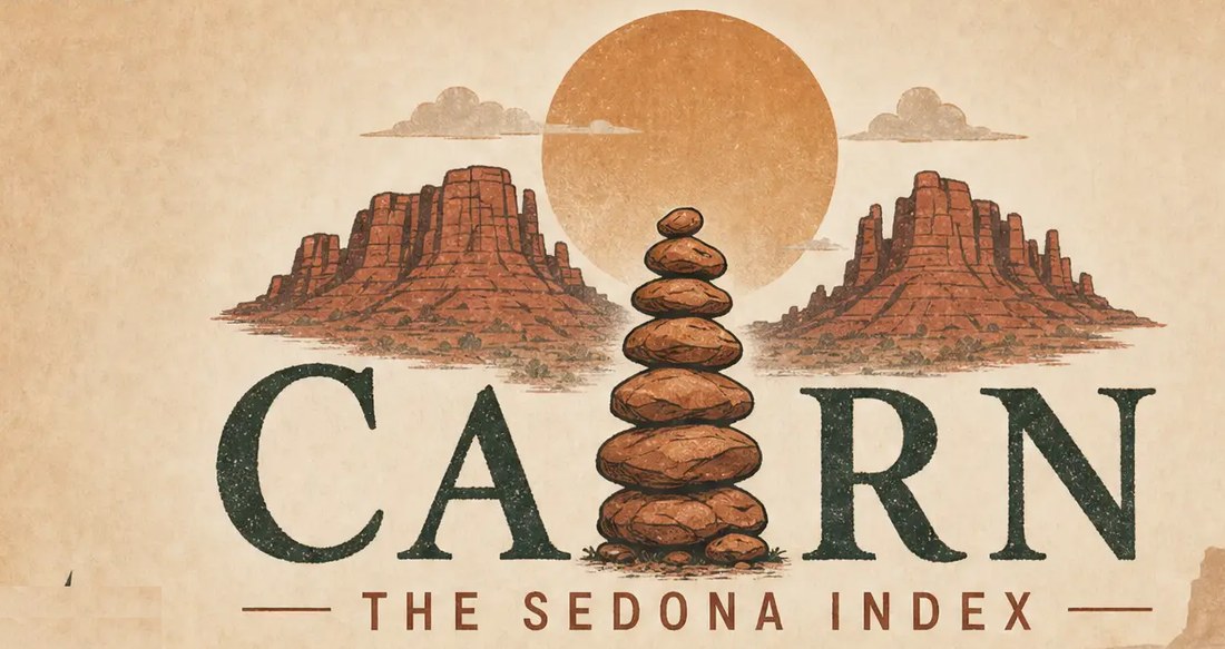 Cairn — The Sedona Index. An illustrated stack of balanced stones between Sedona's red rock buttes.